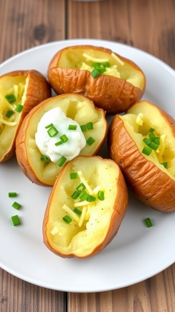 Air Fryer Baked Potatoes Recipe Air fryer baked potatoes topped with sour cream, cheese, and chives on a rustic wooden table.